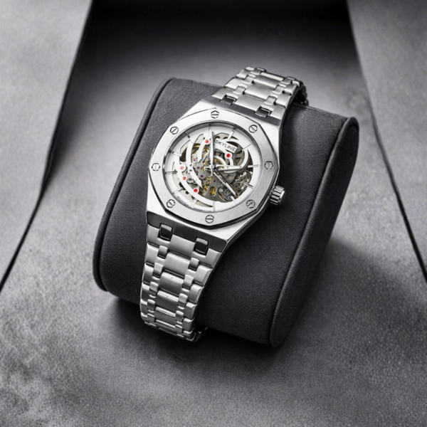 Luxury Mechanical Watch with Skeleton Back – White Dial Automatic Men's Watch