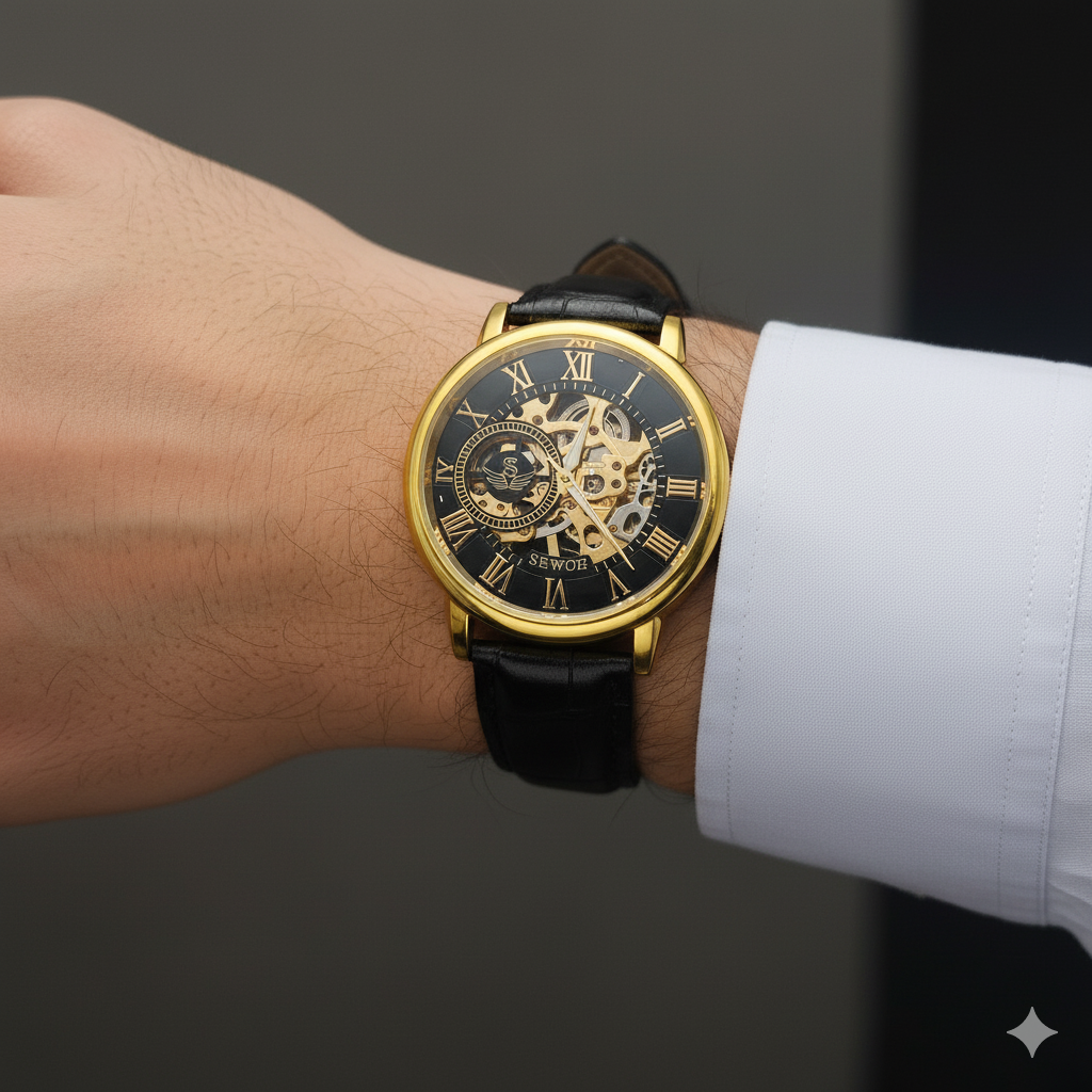 Sewor Skeleton Automatic Watch – Mechanical Movement, Original Leather Strap