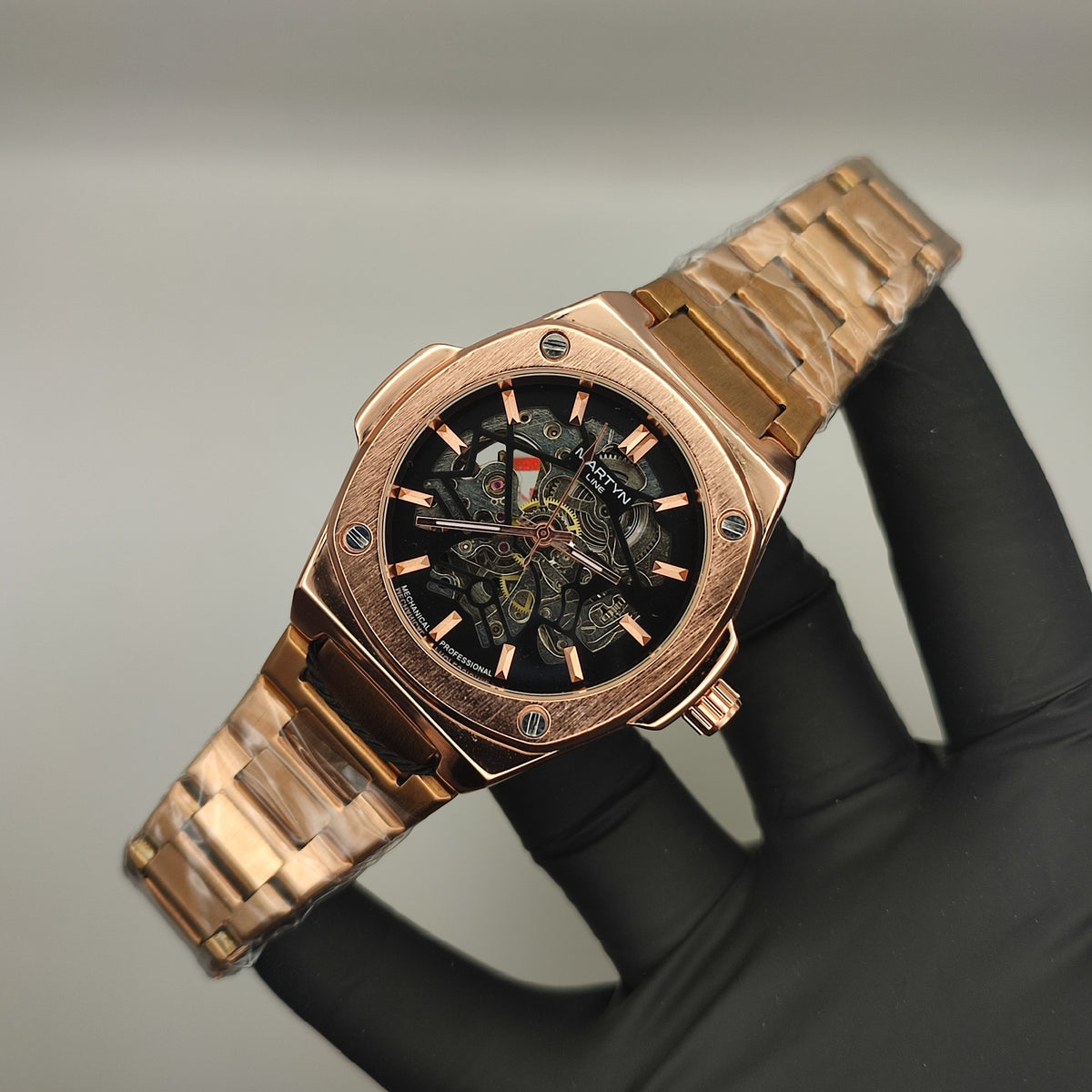 M-L LUXURY MACHENICAL WATCH WITH SKELETON BACK (ROSEGOLD)