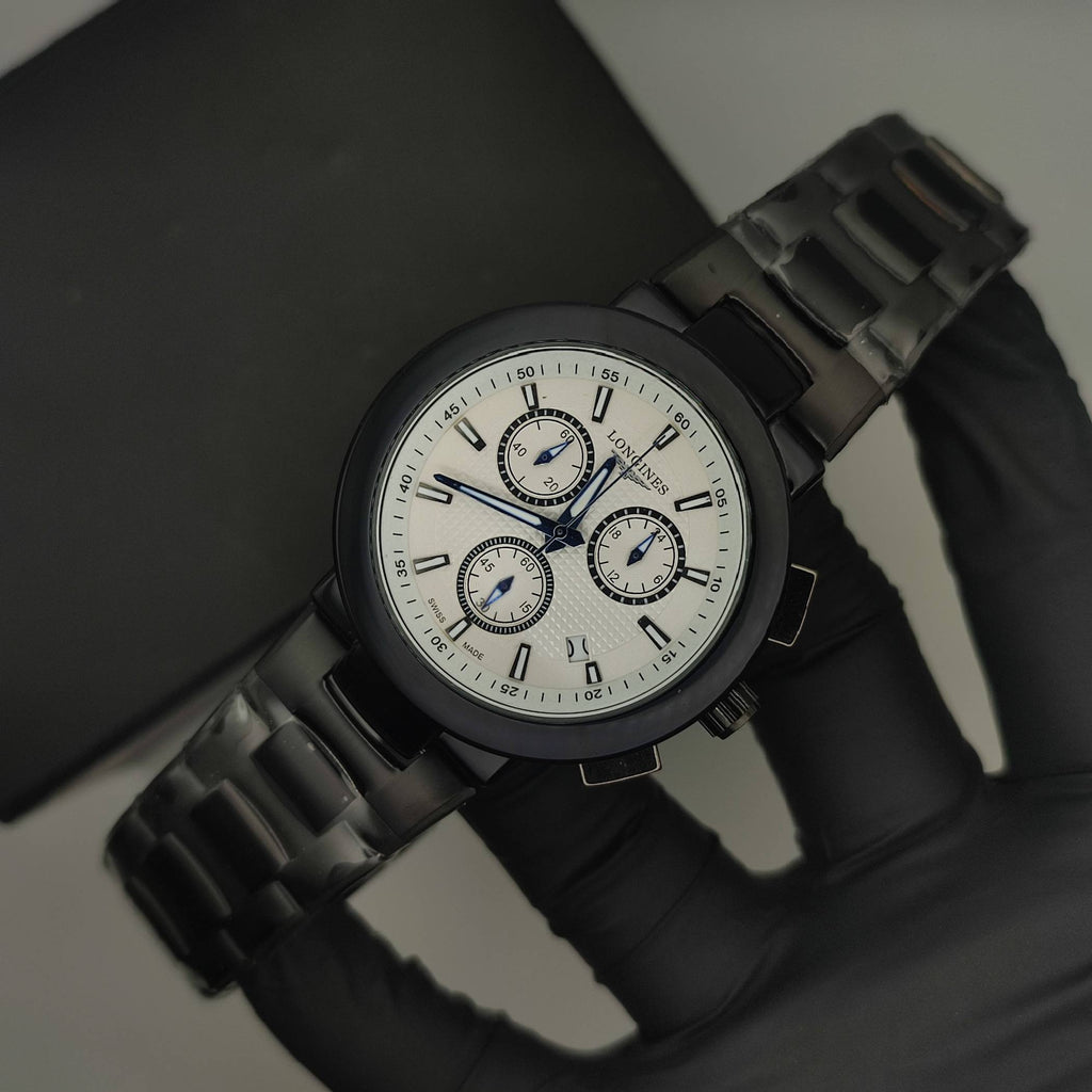 Master Grade Chronograph Watch – Men's White Dial Black Chrono Wristwatch