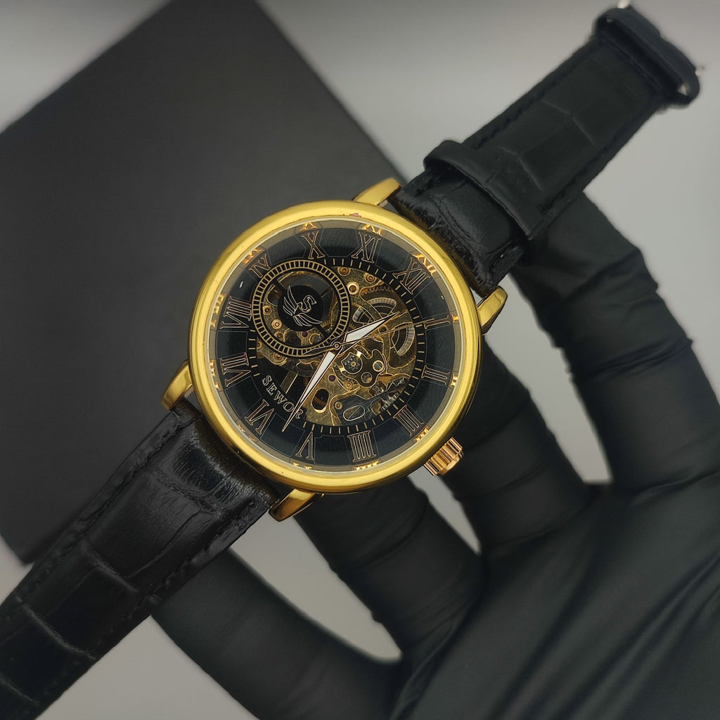 Sewor Skeleton Automatic Watch – Mechanical Movement, Original Leather Strap
