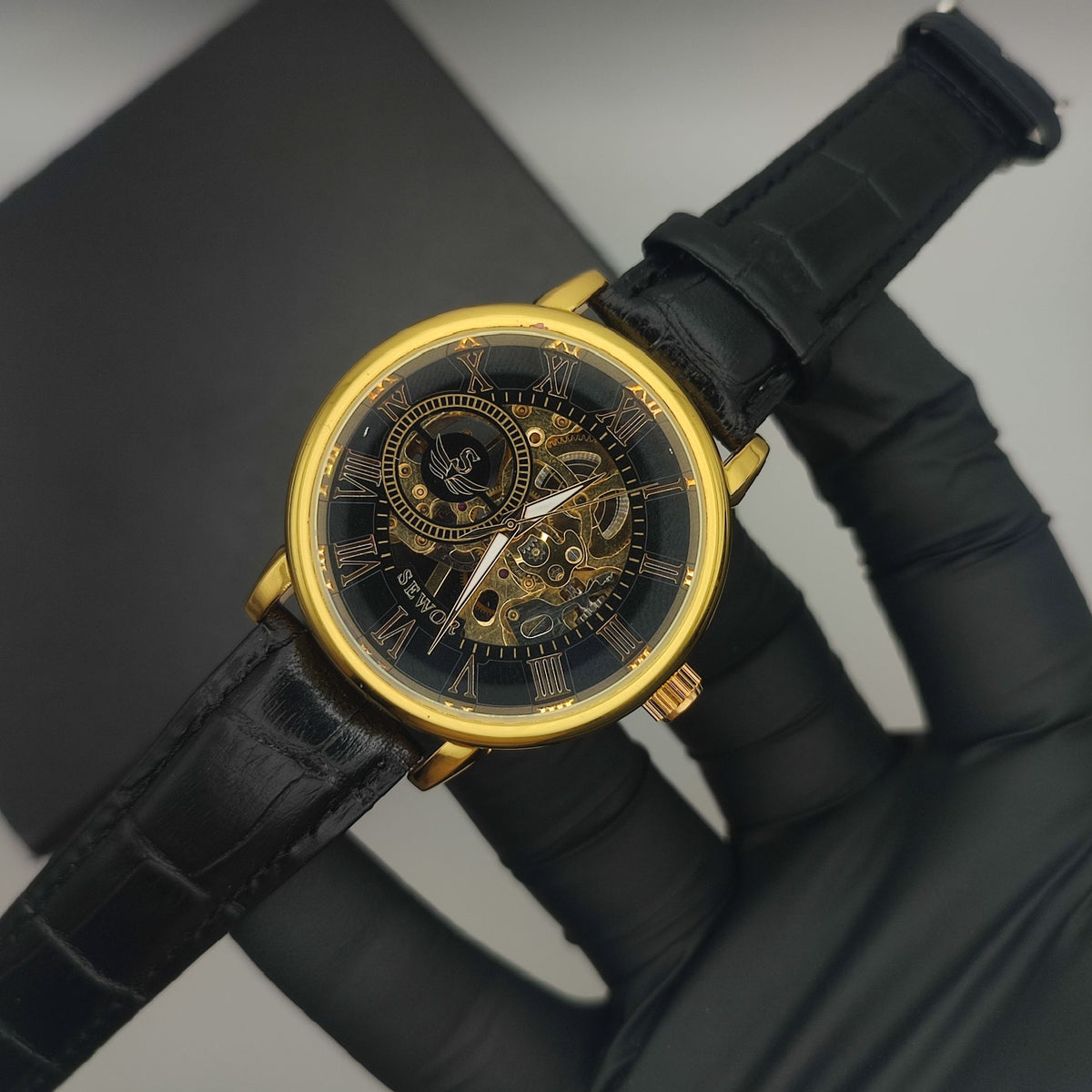 Sewor Skeleton Automatic Watch – Mechanical Movement, Original Leather Strap