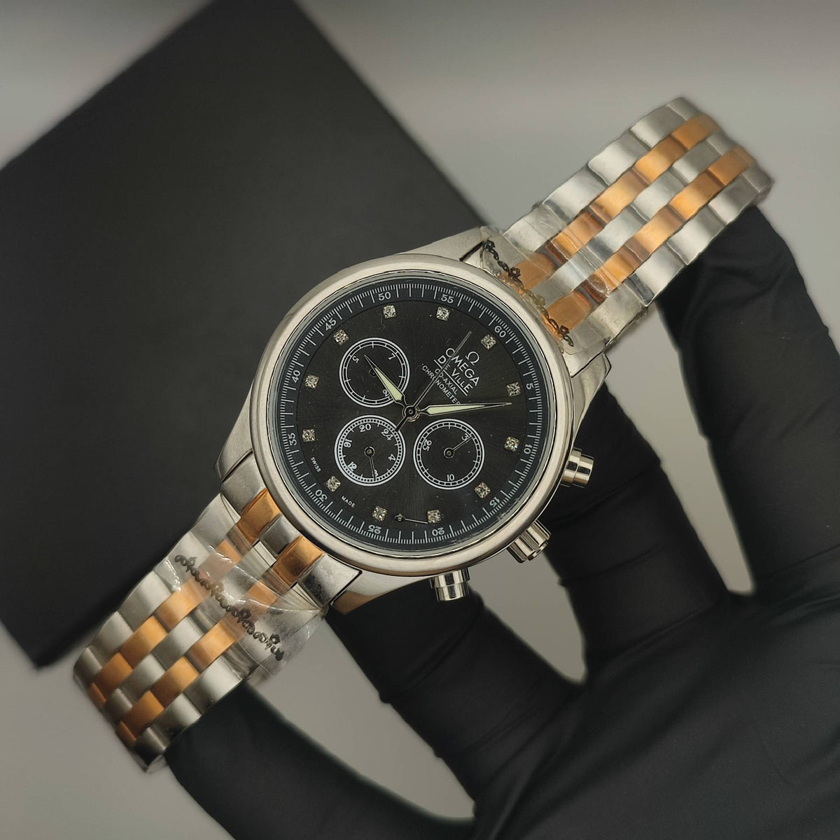 Omega Silver Two Tone Royale Automatic Watch with Skeleton Back (Black)
