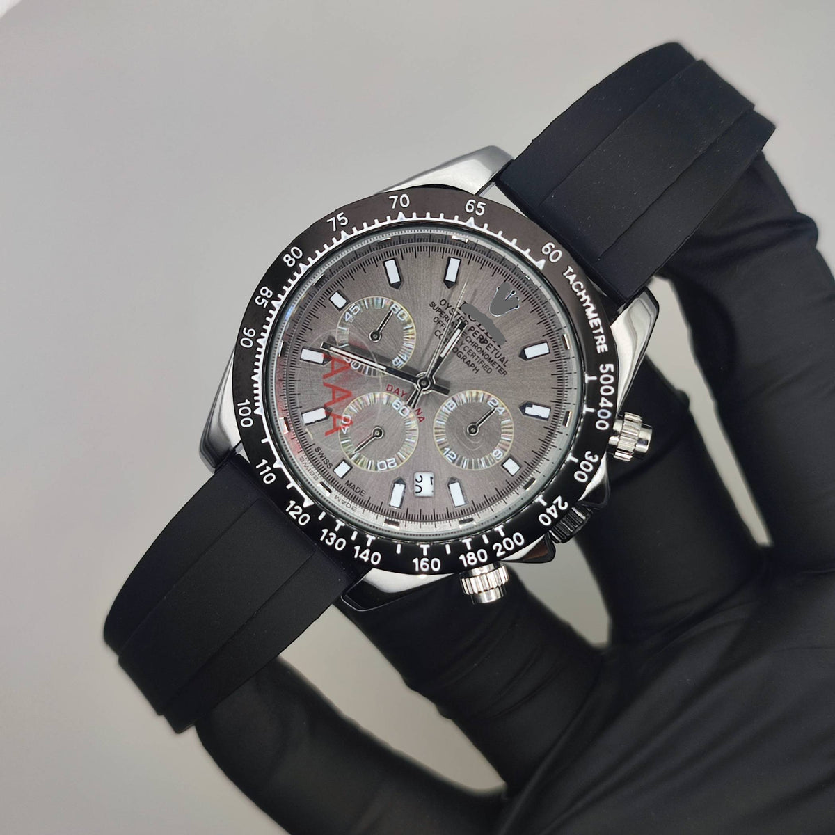 Premium High-Quality Chronograph Watch –Black silver & grey Case, Rubber Strap