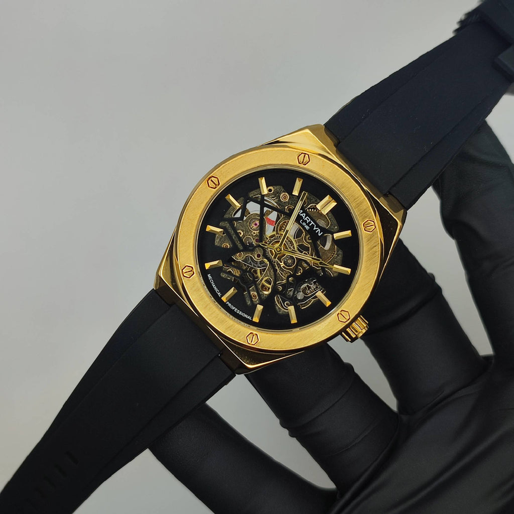Premium Mechanical Style Watch for Men – Black Strap, Automatic Movement, Water Resistant