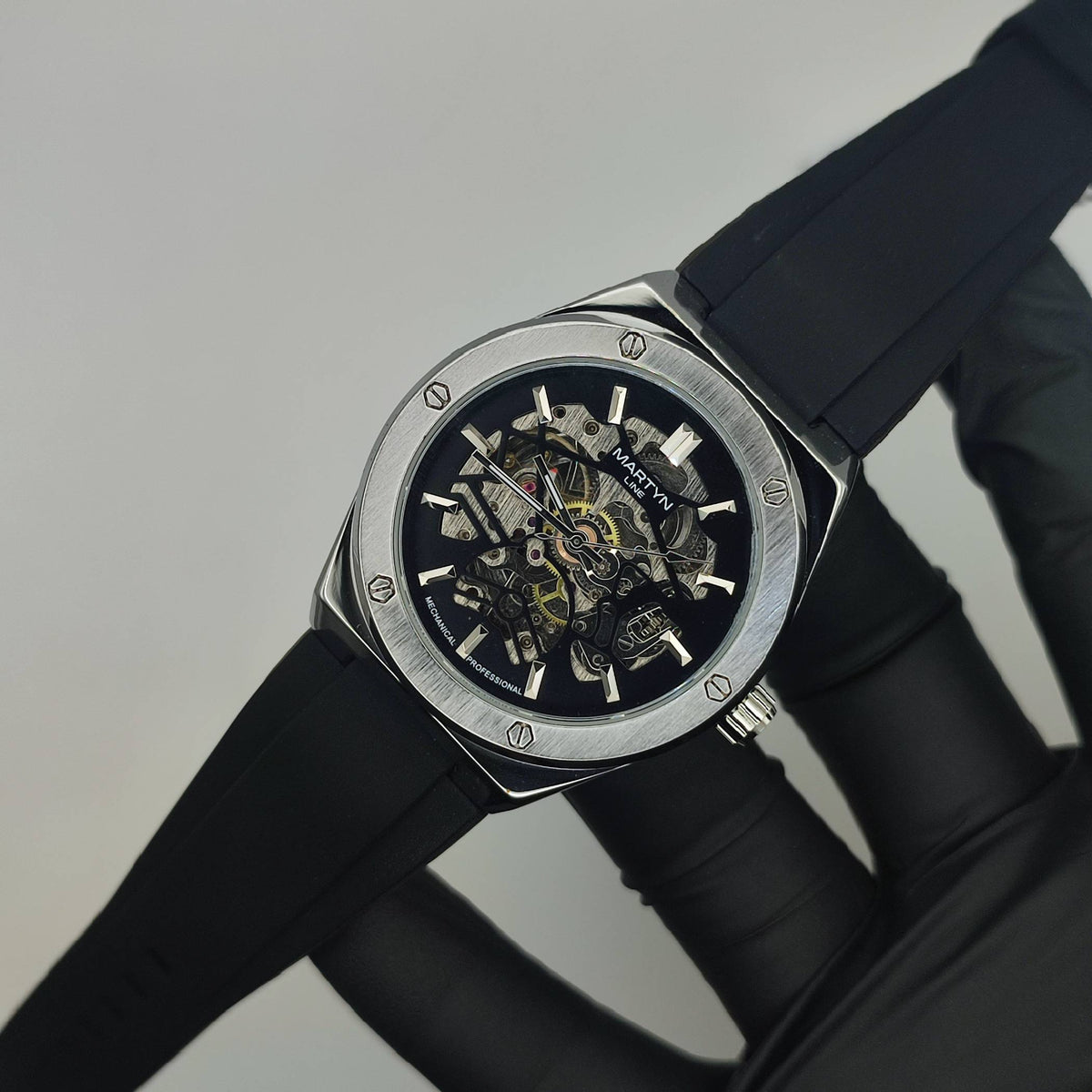 Premium Mechanical Style Watch for Men – Silver with Black Strap, Automatic Movement, Water Resistant