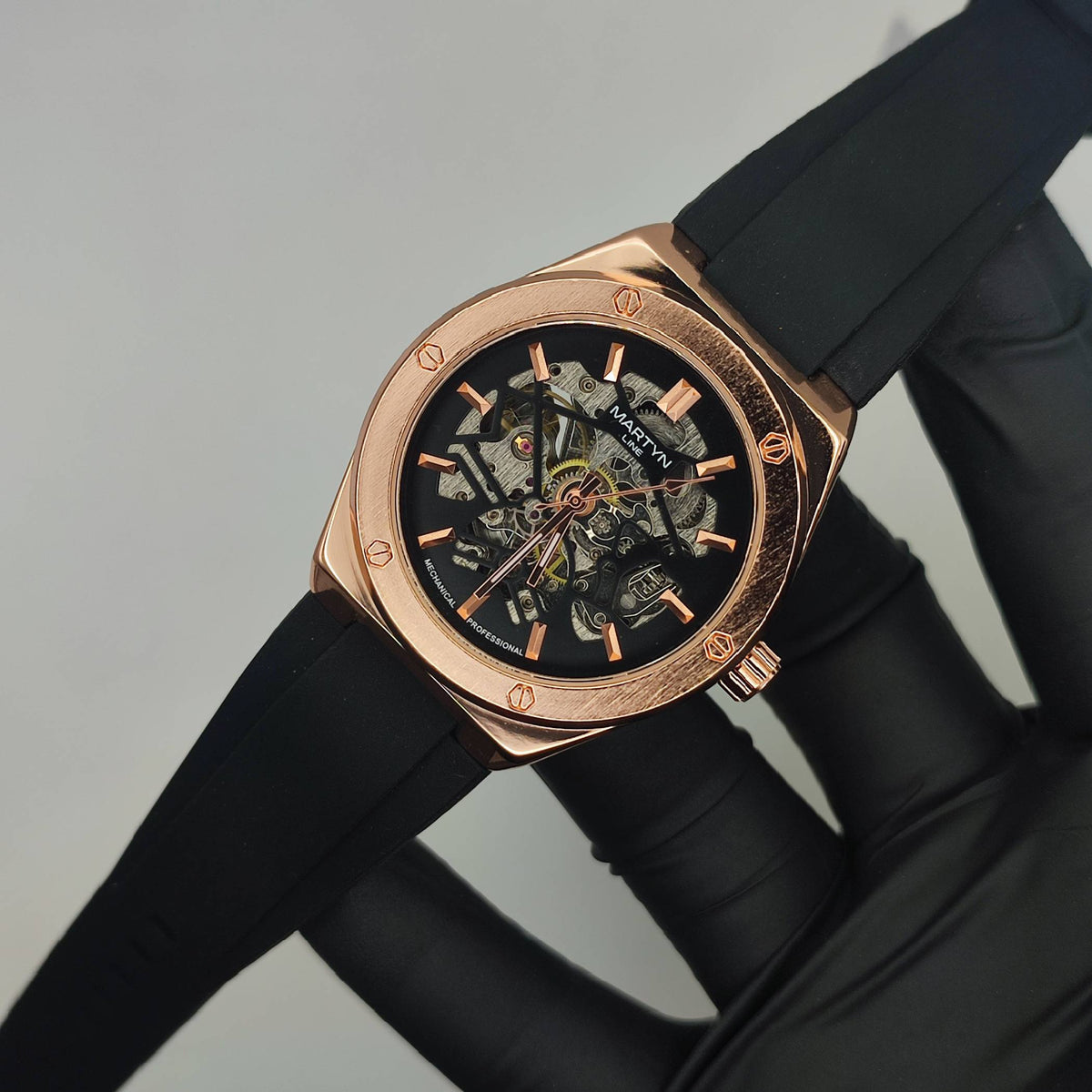 Premium Mechanical Style Watch for Men – Rose Gold Black Strap, Automatic Movement, Water Resistant