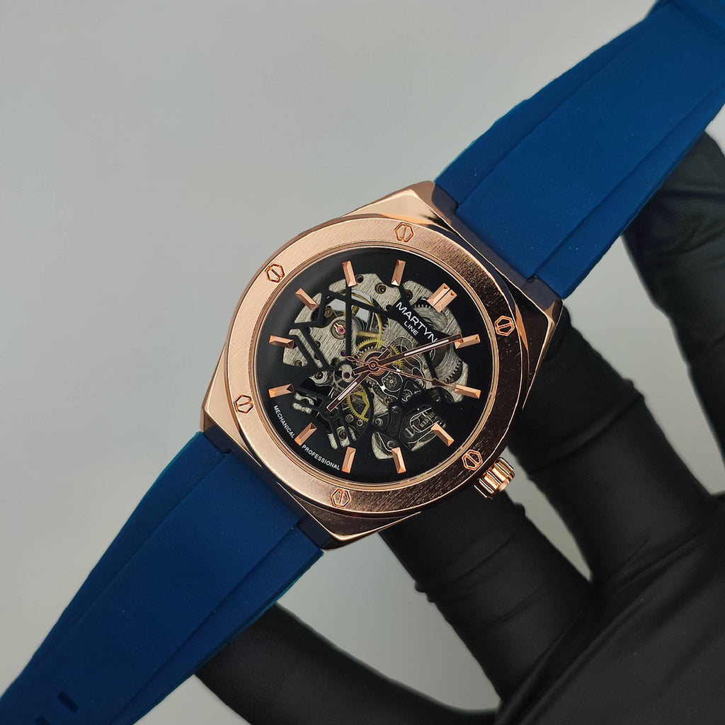 Premium Mechanical Style Watch for Men – Blue Strap, Automatic Movement, Water Resistant