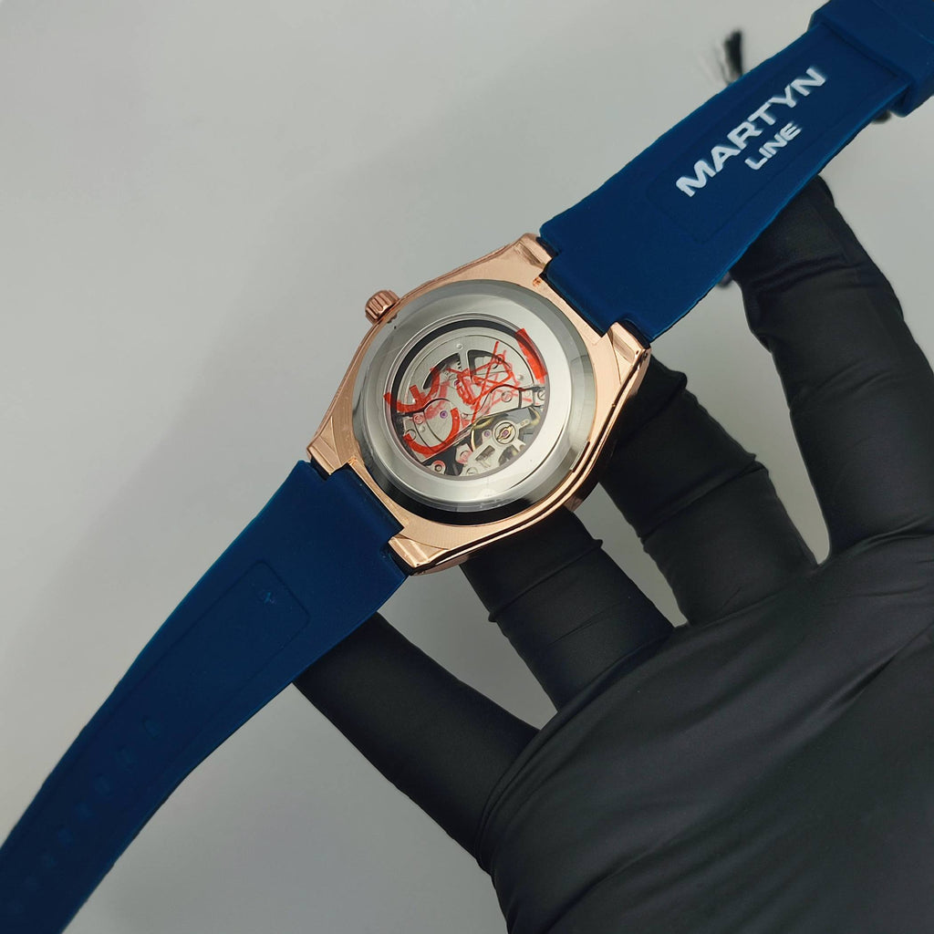 Premium Mechanical Style Watch for Men – Blue Strap, Automatic Movement, Water Resistant