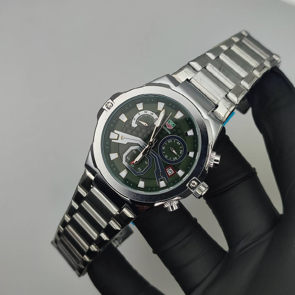 Men's Chronograph Watch – Silver & Green | Business Casual Quartz Wristwatch with Date Display