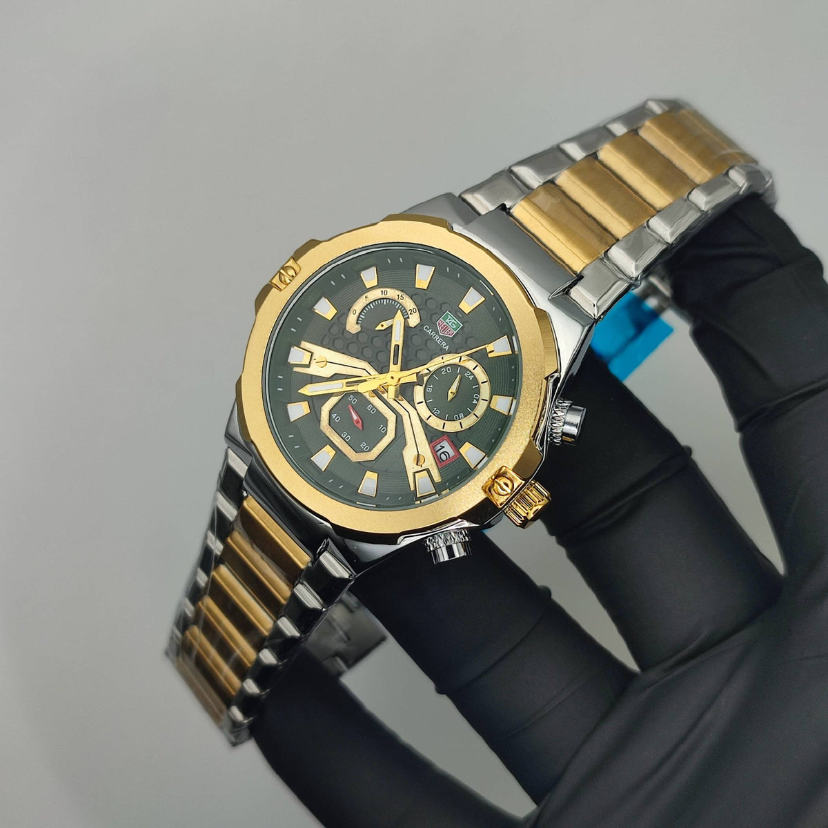Men's Chronograph Watch – 2 Tone Silver Gold & Green | Business Casual Quartz Wristwatch with Date Display