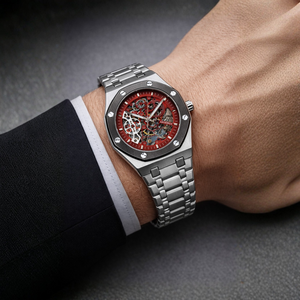 Luxury Mechanical Watch with Skeleton Back – Red Dial Automatic Men's Watch