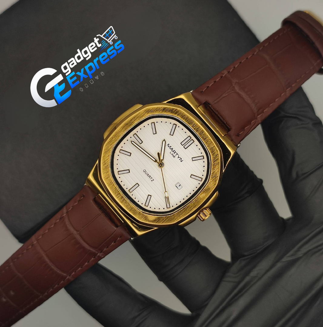 Luxurious Gold Watch with Brown Leather Strap – Men's White Dial Quartz Watch