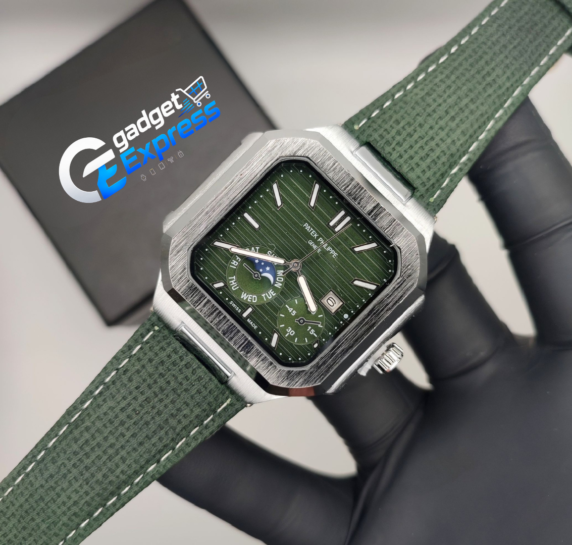 Platinum Moon Phase Watch – Men's Army Green Dial Wristwatch (42mm)