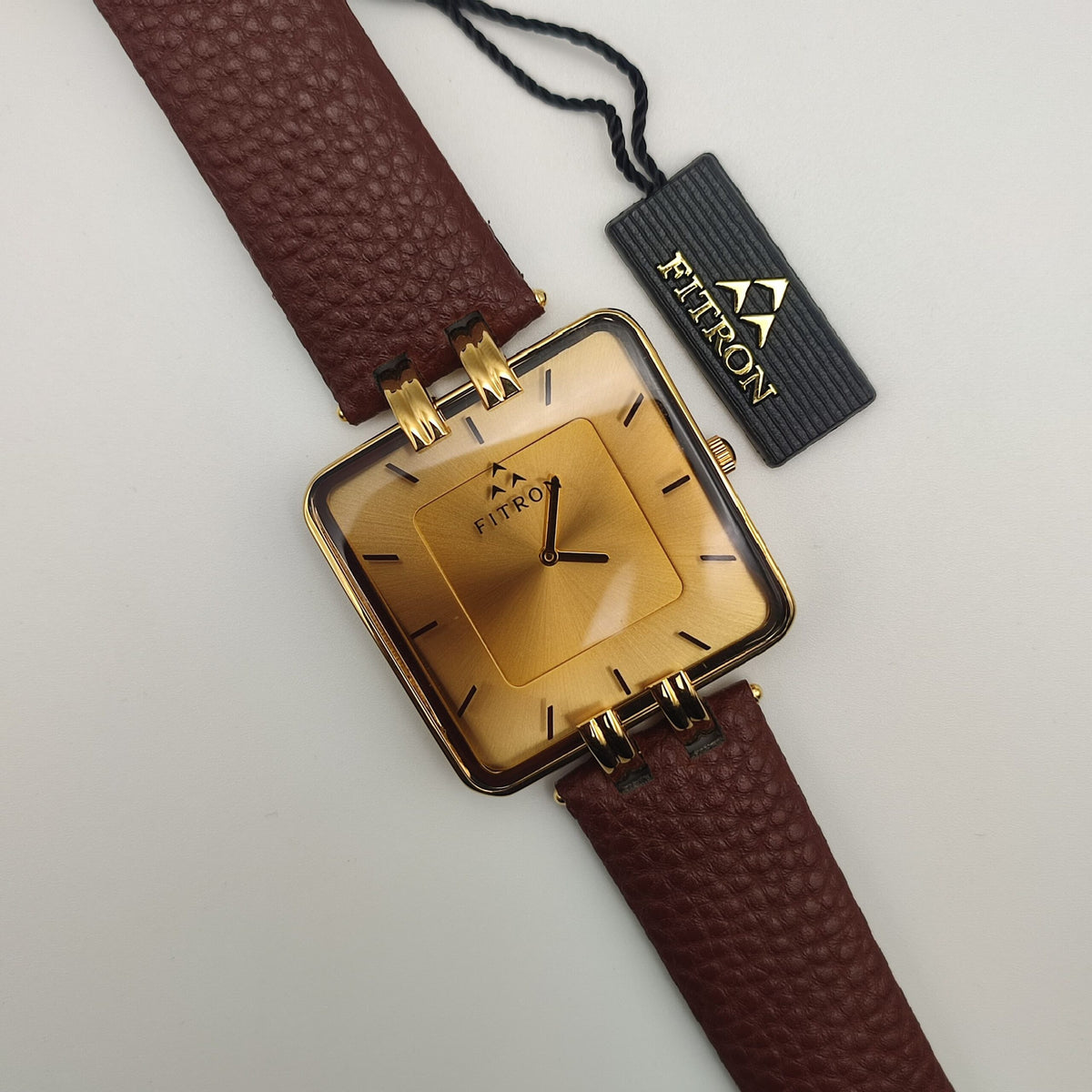 Fitron Gold Square Watch – Men's Premium Quartz Watch with Brown Leather Strap
