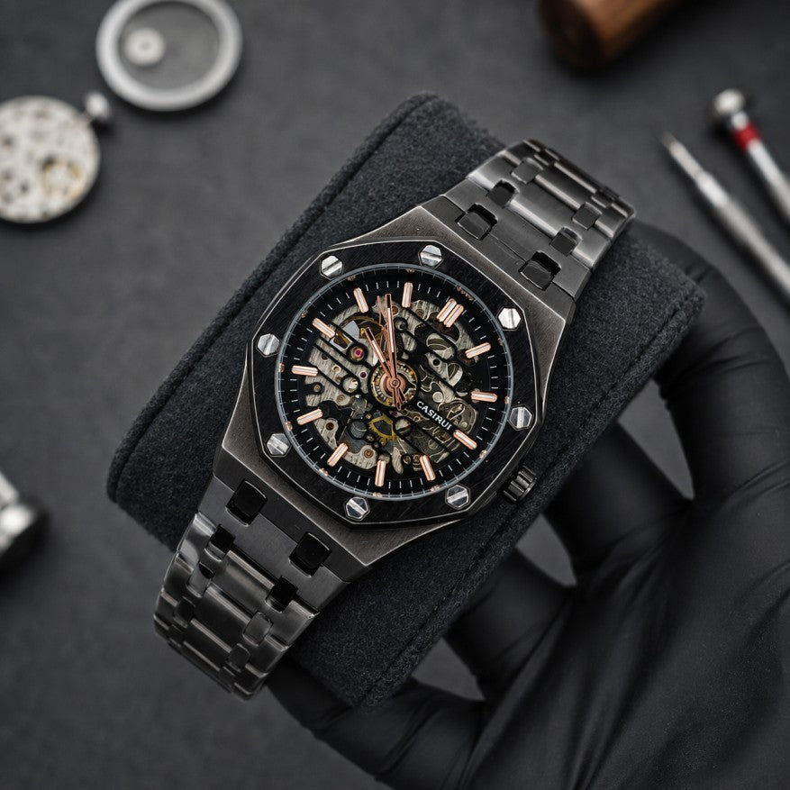 Luxury Mechanical Watch with Skeleton Back – Full Black Automatic Men's Watch (40mm)