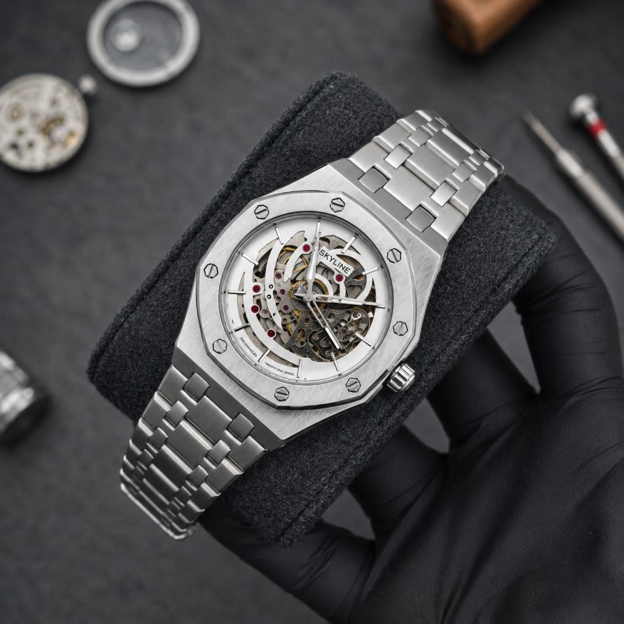 Luxury Mechanical Watch with Skeleton Back – White Dial Automatic Men's Watch